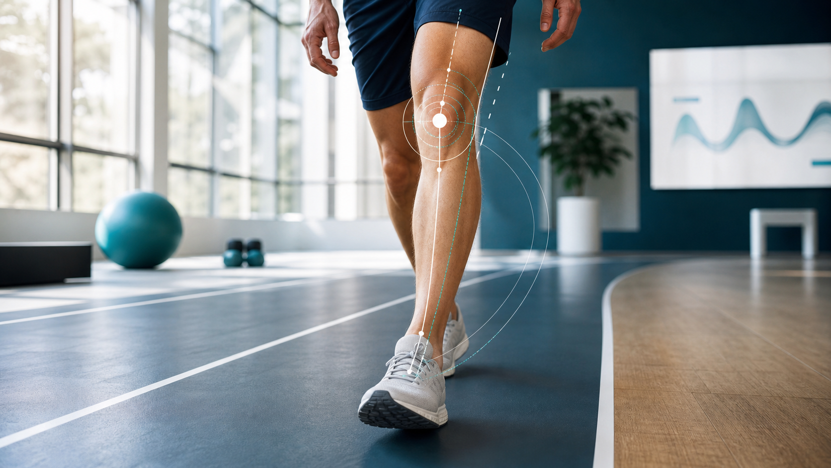 Runner's knee shown with subtle alignment guides in a bright movement studio.