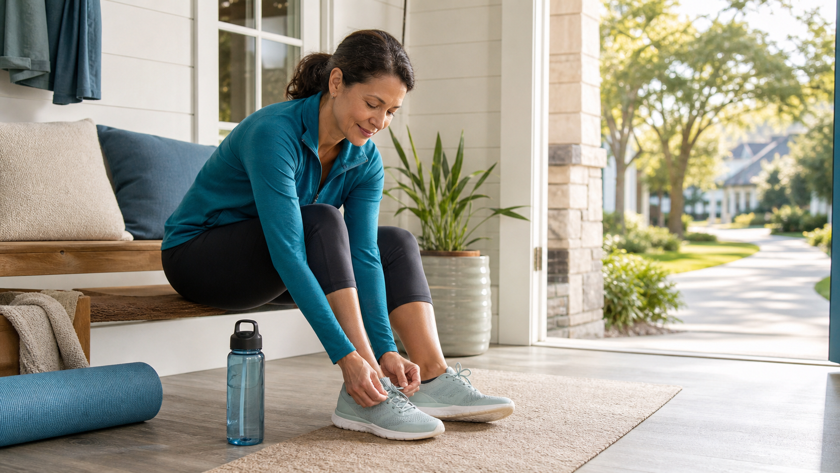 Person tying walking shoes beside a yoga mat and water bottle in morning light.