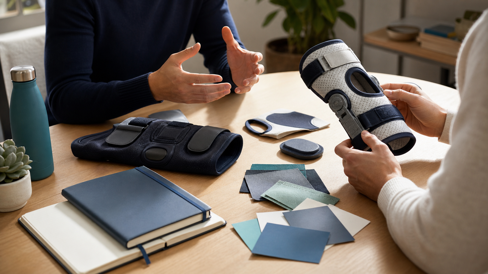 Hands reviewing a knee support prototype and material samples on a studio table.