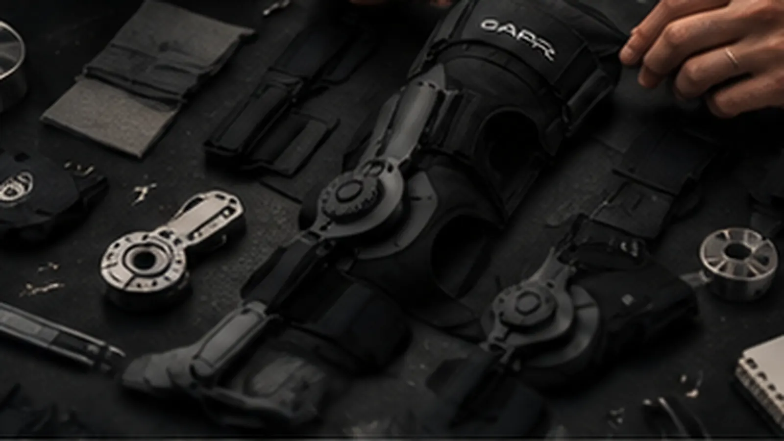 Hands reviewing a knee support prototype and material samples.