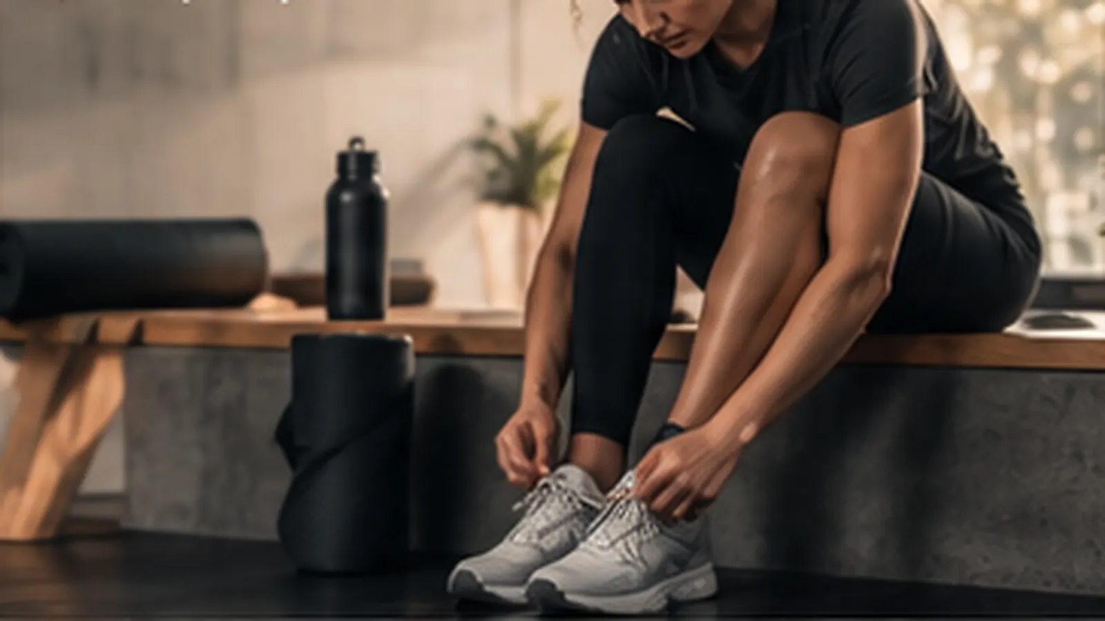 Person tying walking shoes beside a yoga mat and water bottle in morning light.