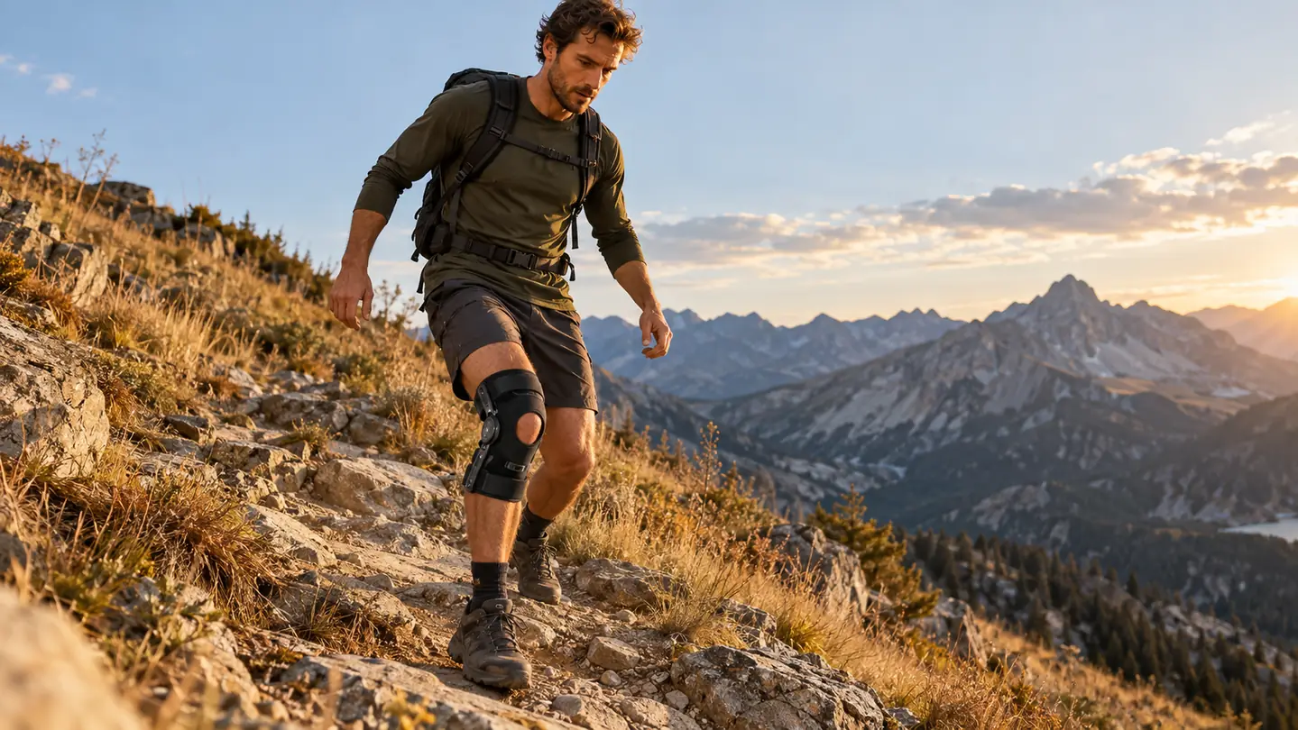 Athlete descending uneven terrain while wearing a GAPR knee support